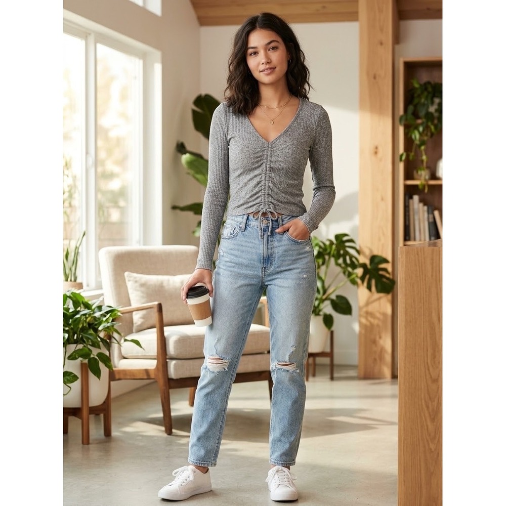 Hollister Womens Grey Ribbed Cinched Front V-Neck Long Sleeve Top Small